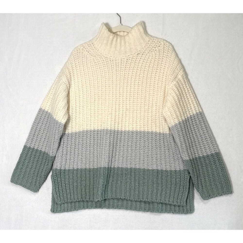 Ann Taylor Sweater Womens MED Cream Gray Green Colorblock Chunky Knit Wool Blend